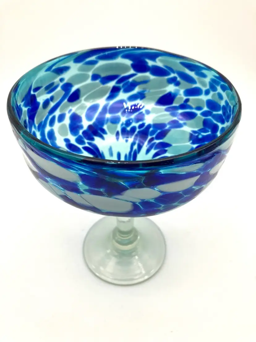 BIN - Hand blown Mexican Margarita Glass Blues And White 2 Of 2 - 6.5”