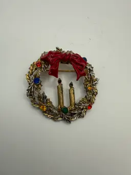 Vintage Brass Christmas Wreath with Bow and Candles Brooch Pin