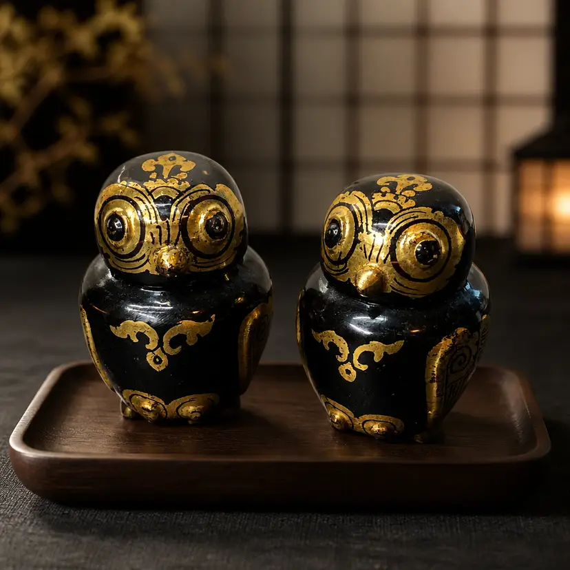 Vintage Burmese Lacquerware Owl Trinket Boxes w/ Gold Leaf Gilding, 2.25"