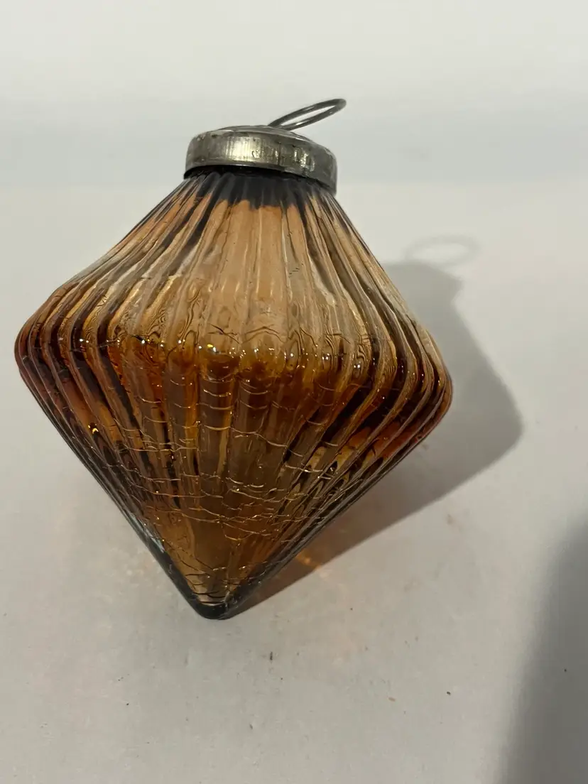 Vintage Amber Crackle Glass Kugel Style Christmas Ornament Heavy Glass Silver Top