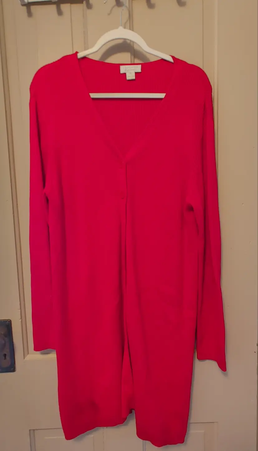 Top- Brand: Christopher & Banks. Size XL. Red cardigan. 100% cotton. No callouts.