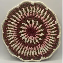Handcrafted Beautiful Pine And Raffia Trivet, Purple, Pink, White, 9” With Scalloped Edge