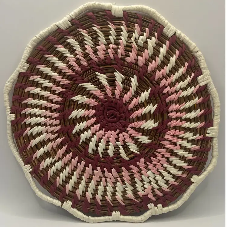 Handcrafted Beautiful Pine And Raffia Trivet, Purple, Pink, White, 9” With Scalloped Edge