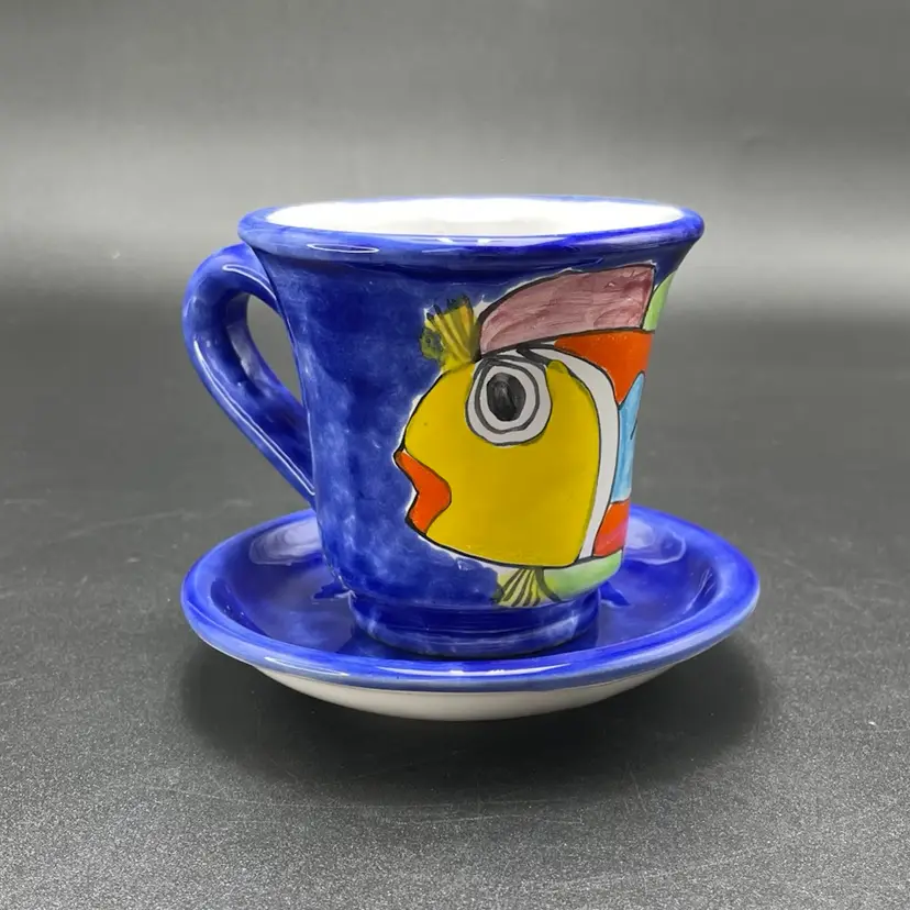 Nino Parrucca Fish Coffee Mug Cup with Saucer Italian Pottery Drinkware Zoo