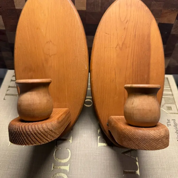 Mid-Century Modern Oval Wood Wall Sconce Candle Holders - Set of 2