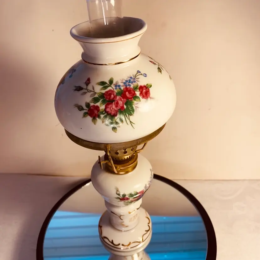 #3404 Vintage Small Hurricane Oil Lamp Decoration Floral Glass Ceramic And Metal.