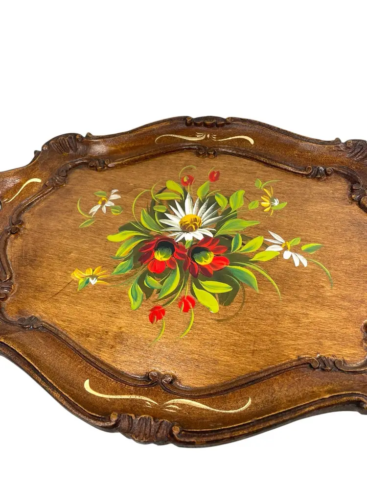 Wood Tray Hand Painted Flowers Hand Carved