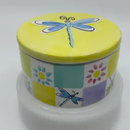 Vintage Betallic Dragonfly & Floral Yellow Lidded Trinket/jewelry Box