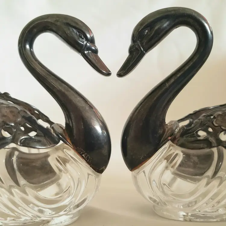 Salt Cellars Swans Pair Glass with Silver Plated Head Neck Wings & Spoons Vintage