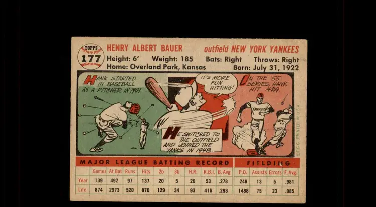 1956 Topps #177a Hank Bauer - (pk-tl2) - New York Yankees