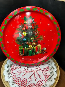 Vintage Christmas Tree Tin Tray Platter 13"