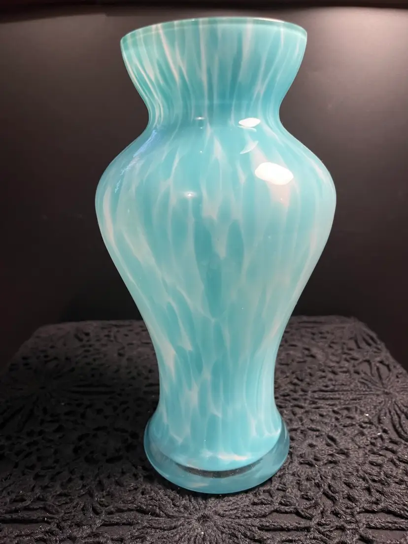 Turquoise w/ White Casing Inside. White Ribbons Cascading through the Blue-Vase.