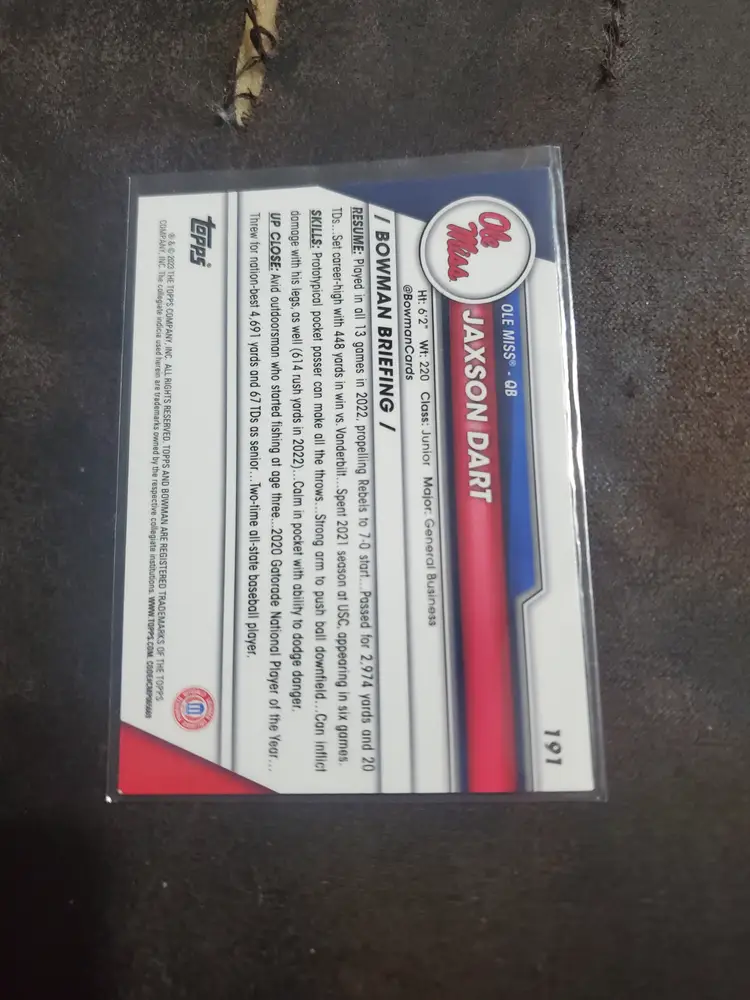 2023 Bowman Chrome University Jaxson Dart Ole Miss Card