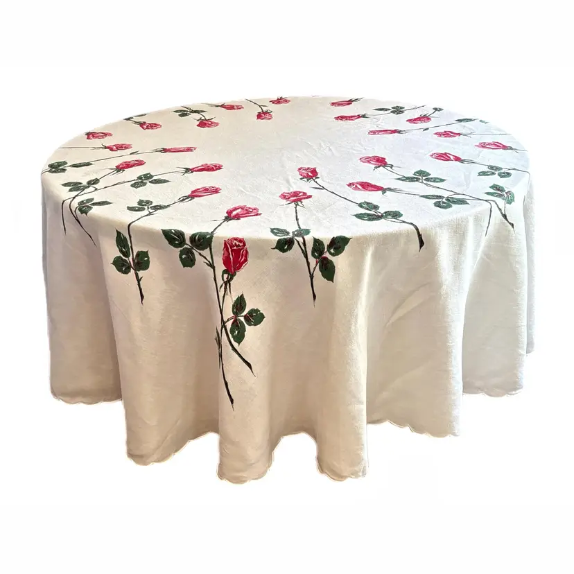 50s Oval Linen Tablecloth Scalloped Pink Red Long Stem Rose Vtg Mid Century