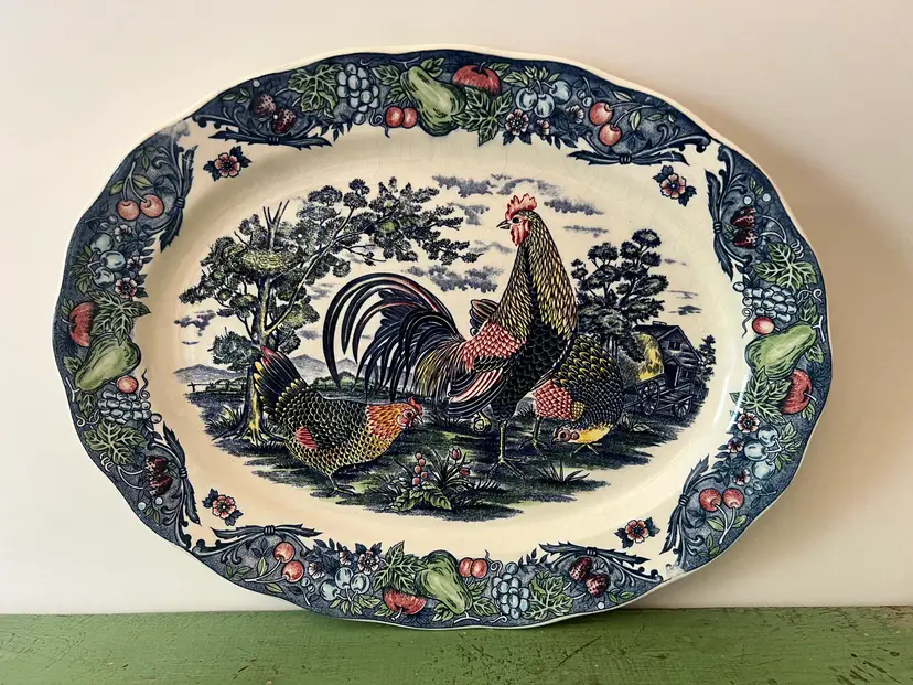 Vintage Transferware Farmhouse Platter. Blue Rooster Chicken Design. Serving Tray