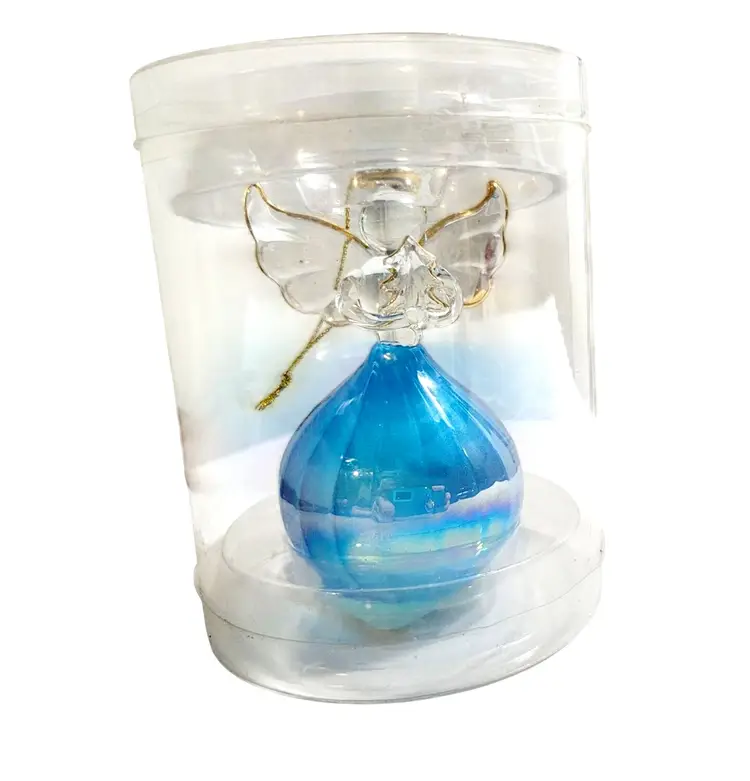 Vintage Handblown Glass Christmas Angel Ornament Blue Iridescent Skirt Gold Accents