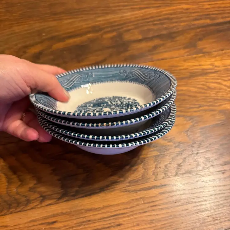 Vintage Blue Transferware Berry Bowls – Set of 4 • 5.5” Small Bowls • Pastoral Scene • Cottagecore Farmhouse Kitchen Decor