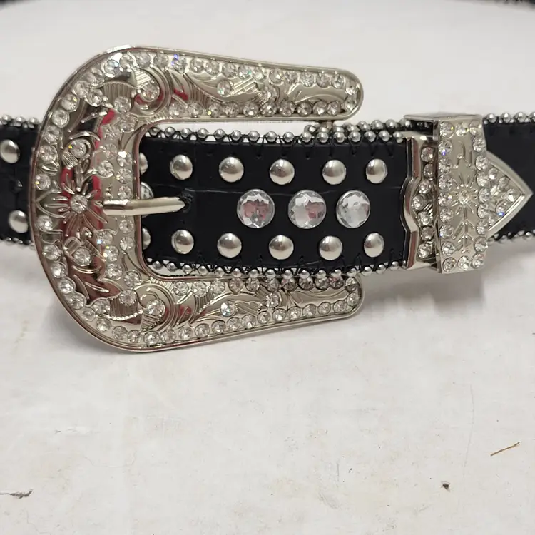 Western Rhinestone Studded Belt Black Faux Leather Crossed Pistols Size L 50119