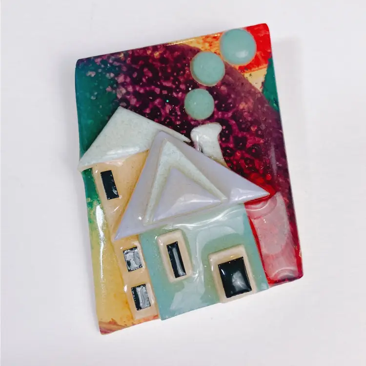 Vintage 1990s House Brooch Art Jewelry Whimsical Mixed Media Lucinda, Resin Pin