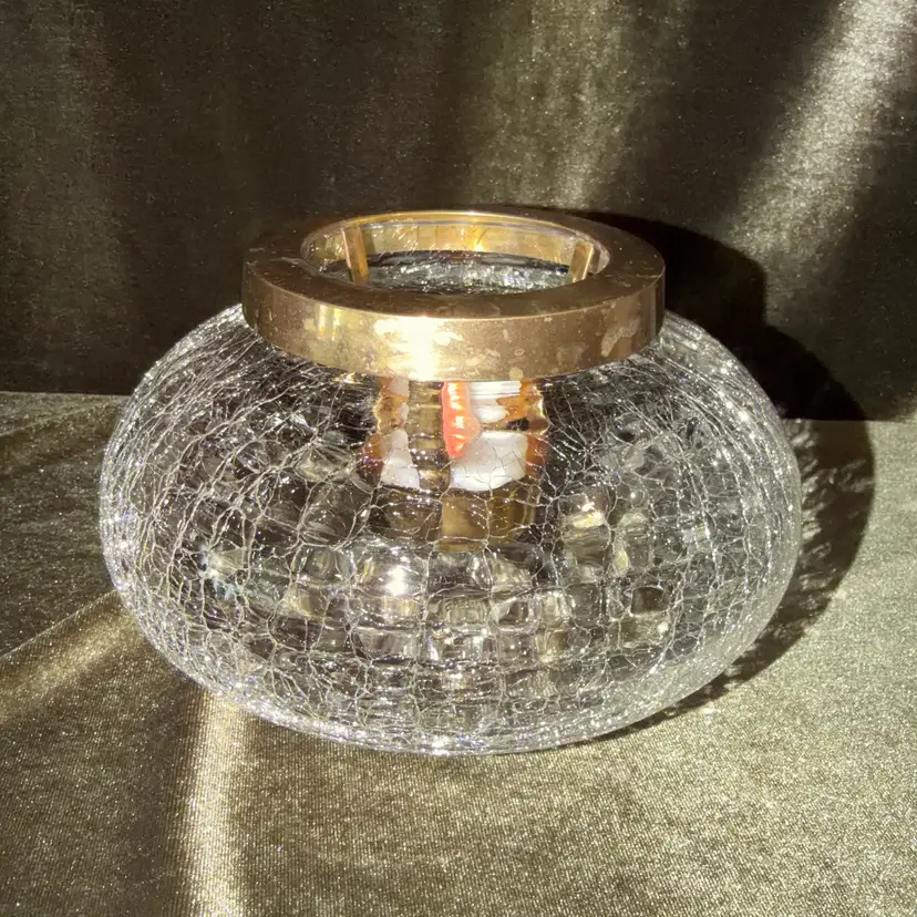 Beautiful Crackle Glass Bowl With Brass Votive Insert ~4.5” Tall x6.5” Across