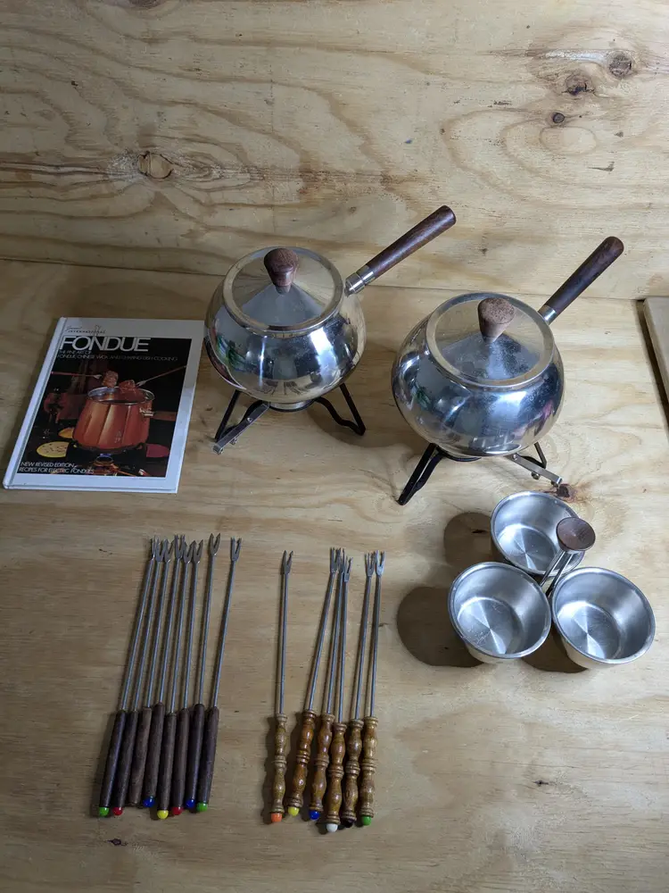 Gourmet International Fondue Set 2 Melting Pots 3 Section Dipping Tray 14 Skewers Fondue Cookbook Vintage Fondue Cooking Set