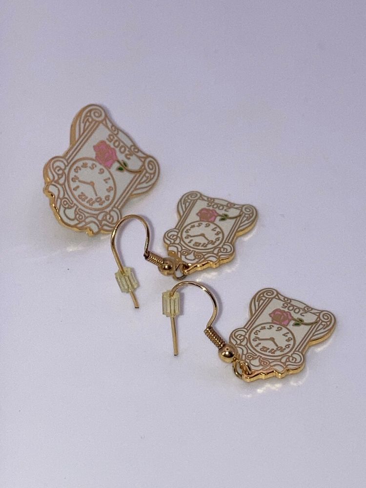 Pink Roses On Clocks Pierced Fishhook  Earrings And Pin! 1 1/4” Drop! Earrings 3/4” X 1/2” Wide. Pin 1” X 3/4” Wide!
