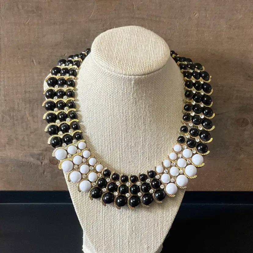 Vintage Iman Egyptian Revival Collar Choker Necklace 1980s, Goldtone and Clear Rhinestones, Black and White Beads with Adjustable Extender
