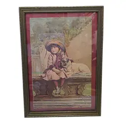 Vintage Framed Print Of Girl With Dog In Ornate Gold Frame