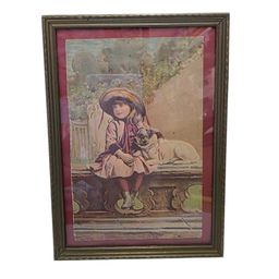 Vintage Framed Print Of Girl With Dog In Ornate Gold Frame