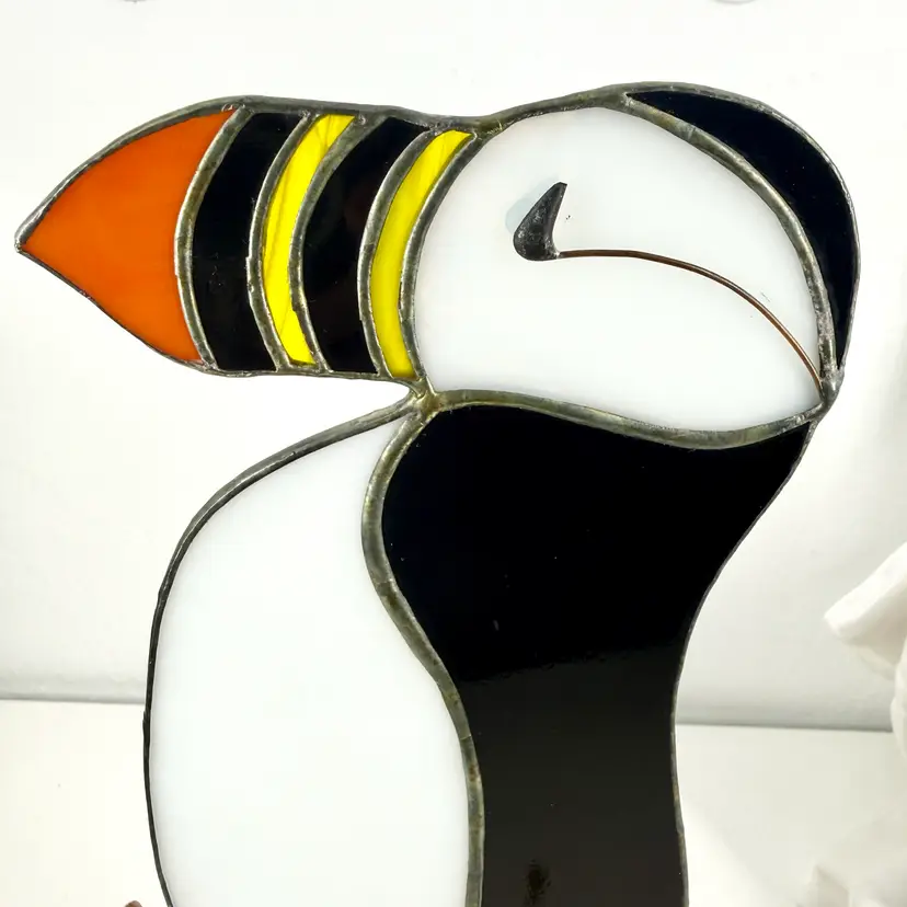 USA: Stained Glass ATLANTIC PUFFIN BIRD On Burlwood Sculpture 12.5in x 8.5in