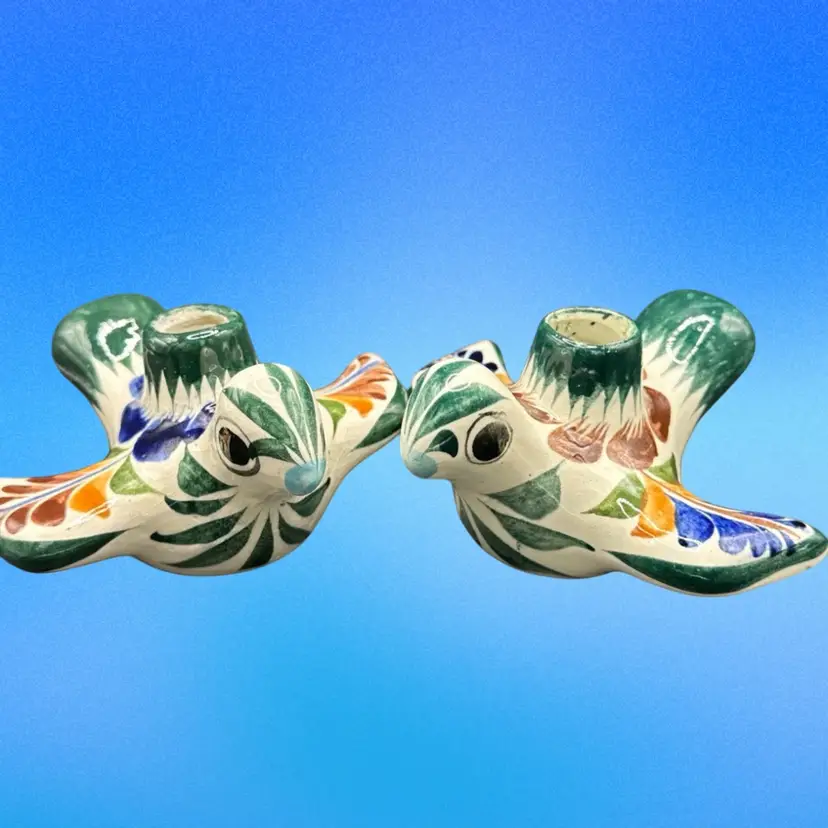 Vintage 60s Tonala Mexican Stoneware Pottery Ceramic Bird Candle Holders Mexico
