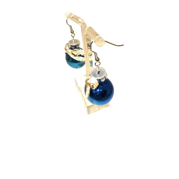 Christmas Ornament Earrings Blue Ball White Gold Bow