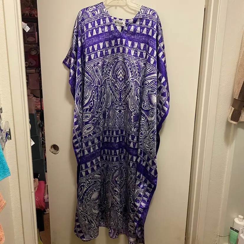 Winlar Womens Caftan Kaftan Dress One Size Satin Purple & White Print  Lounge