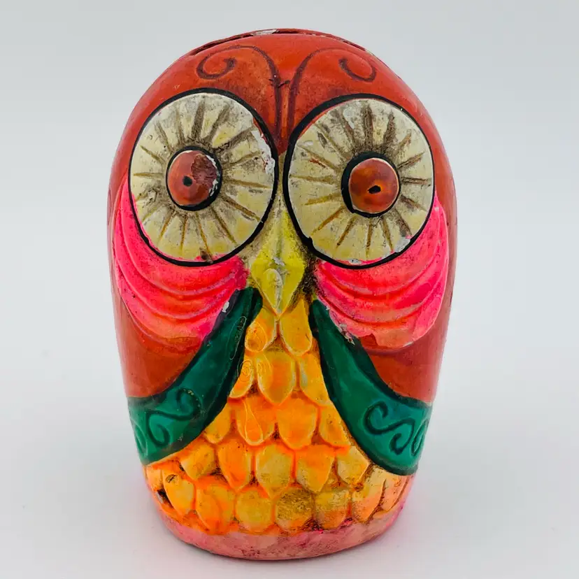 Vintage 1960s Mod Groovy Bright Color Glowy Owl Coin Bank 3.25”