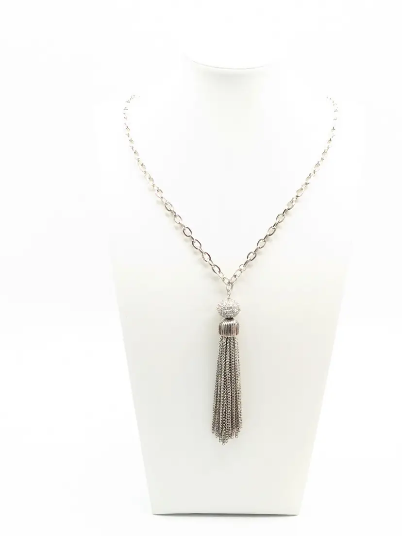 Silver Tone Rhinestone Tassel Pendant Chain Necklace