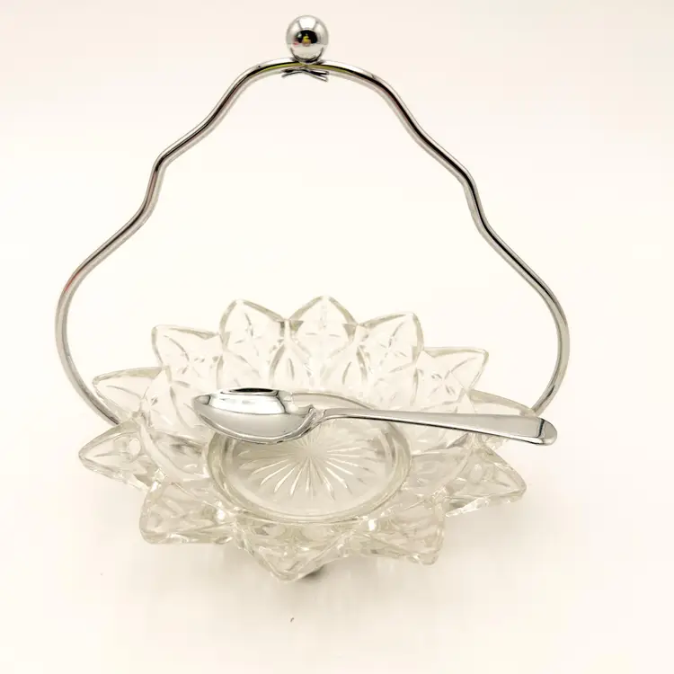 Vintage Jam Relish Set Stand Spoon Nut Dish Glass Chrome Original Box B25