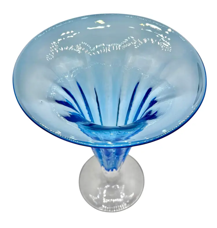 Vintage Blenko Blown Glass 8721L Azure Blue Trumpet Vase Optic 2000-2003 11”