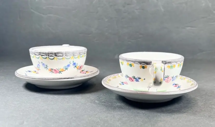 GMunder Keramik Austria Demitasse & Saucer Handpainted Floral Design Set Of 2