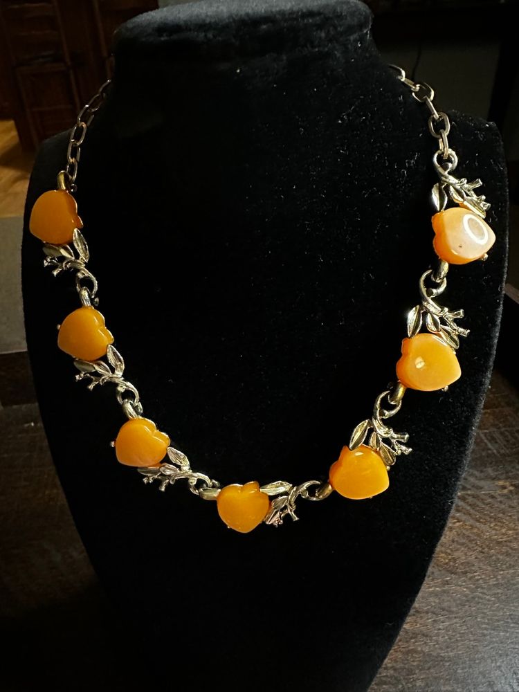 Vintage-1950's Orange Thermoplastic Heart Motif Gold Tone Necklace
