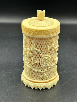 Vintage Celluloid Carved Floral Appetizer Toothpick Holder With 50 Picks