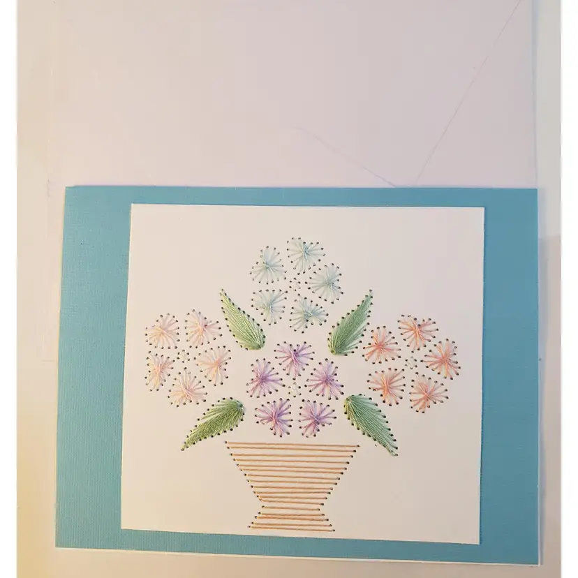 Handmade Embroidered Card Flowers In Basket