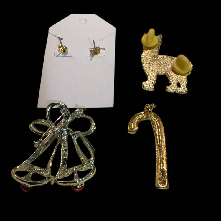 Set Of Four Vintage Christmas / Holiday Brooches & Pierced Earrings. Goldtone Star Pierced Earrings. Silvertone Bell Brooch With Green And Red Enamel Signed Gerry’s. Goldtone Holiday Llama Pin / Brooch ( Cute Little Guy) . Goldtone Green& Red Enamel Stripe Candycane.