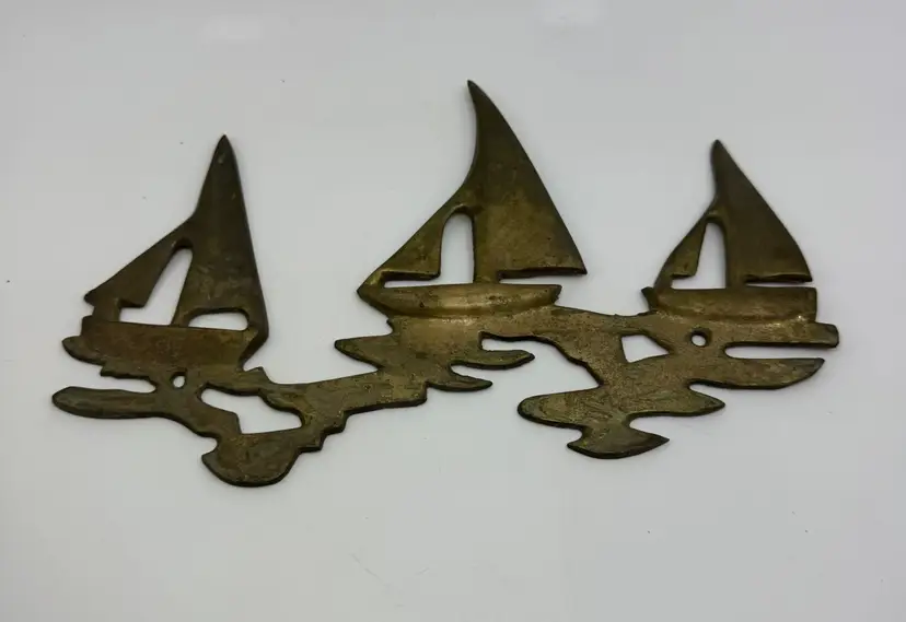 Vintage Brass Sailboats On Water Wall Sculpture Beach House Nautical 9.25”x6”