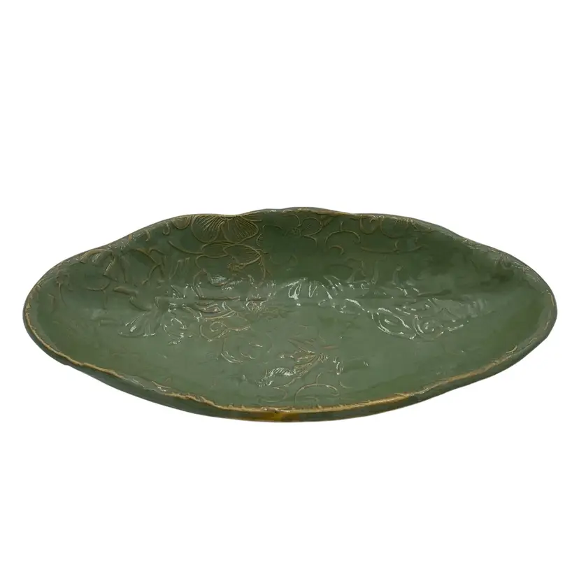 Studio Pottery Elongated Bowl, Embossed Sgraffito Florals, Basil Green, Signed