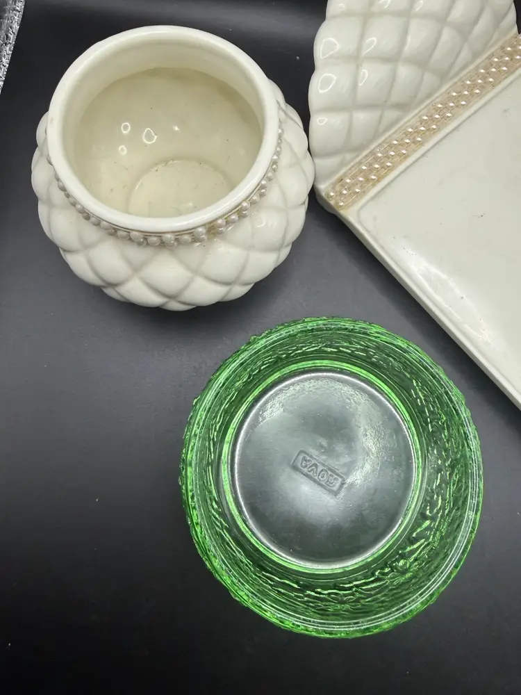 Vintage Avon Quilted Porcelain and Faux Pearl Vanity Set with Green Glass Dish