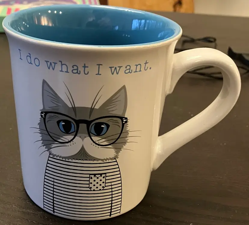 Ceramic Cat with Glasses Cup Mug Says "I do what I want"