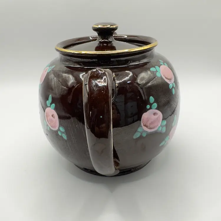 Vintage Sadler Pottery WWII Era Brown Betty Teapot Lidded, Red Clay Ceramic, Hand-painted Pink Blossoms Green Leaves Gold Trim, By James Sadler Pottery, Made in England, #4170 2 Printed on Bottom