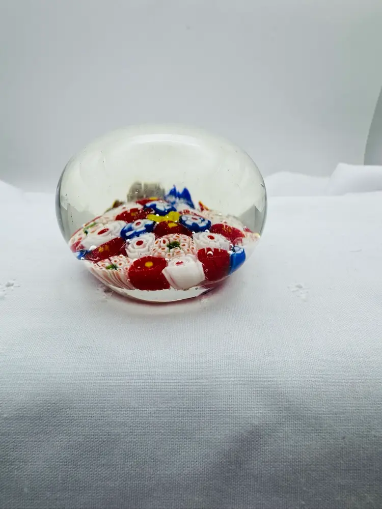 Millefiori Red, White, Blue Art Glass Paperweight