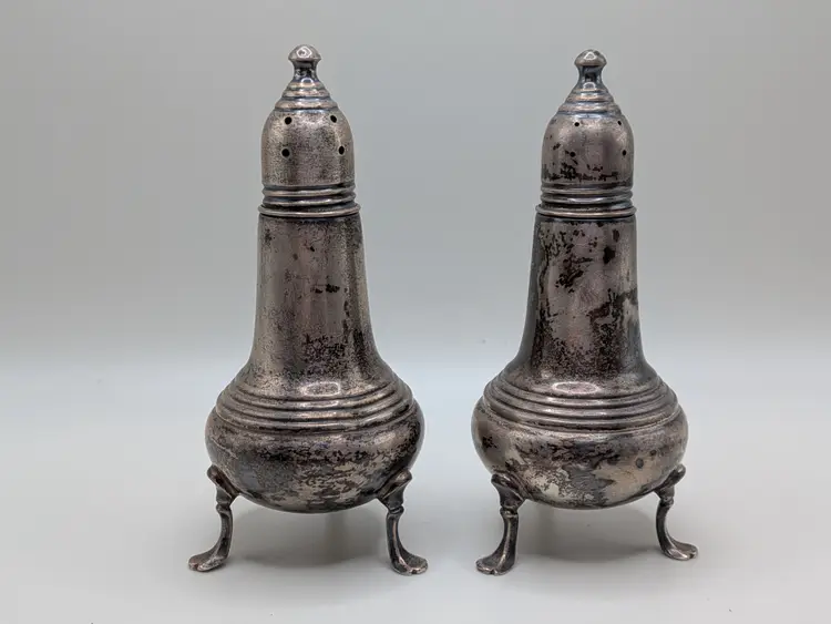 EMPIRE STERLING Sterling Silver Salt & Pepper Shakers Tri Footed Antique Marked