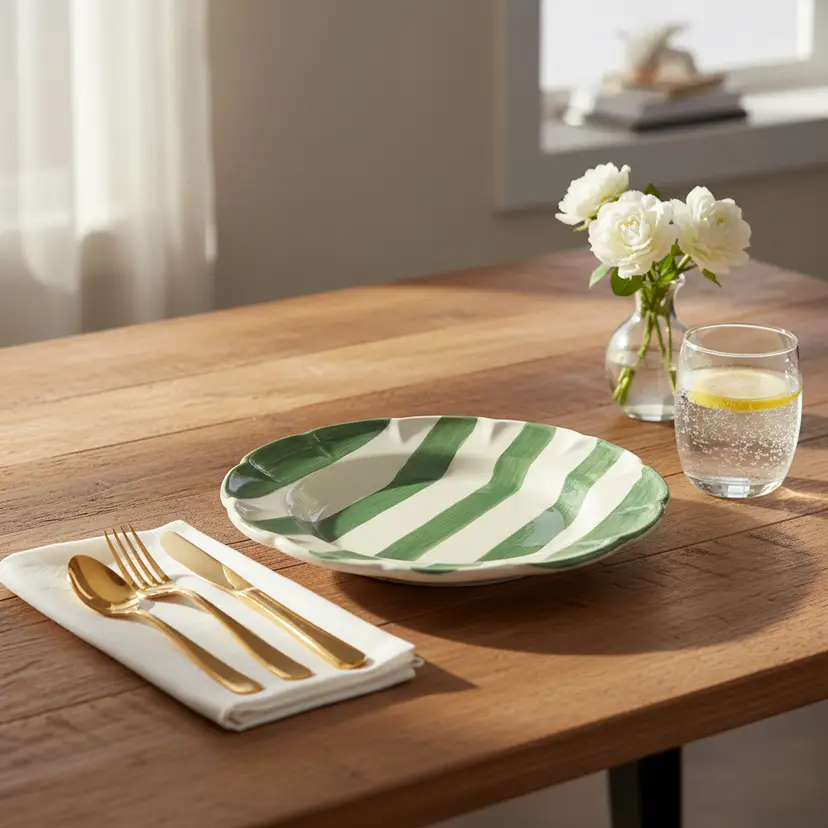 4 Green Striped Arcucci Bowls, Hand Made & Hand Painted in Italy, 9.75" Diameter